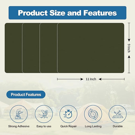 KING MOUNTAIN Self Adhesive Nylon Fabric Repair Patch, 9×11 Inches 4 Pcs, Quick Down Jacket Repair Patch, Waterproof Outdoor Gear Patch Kit for Tent,Backpacks,Umbrella, Gloves (Army Green