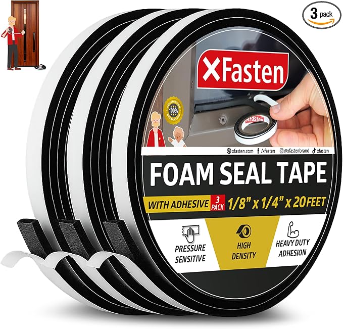XFasten Black Foam Seal Tape With Adhesive, 1/8-Inch-Thick, 1/4-Inch x 20-Foot (3-Pack), High-Density Weather Strip for Window, Door, Pipe and AC Insulation - Neoprene Insulation Foam Strip