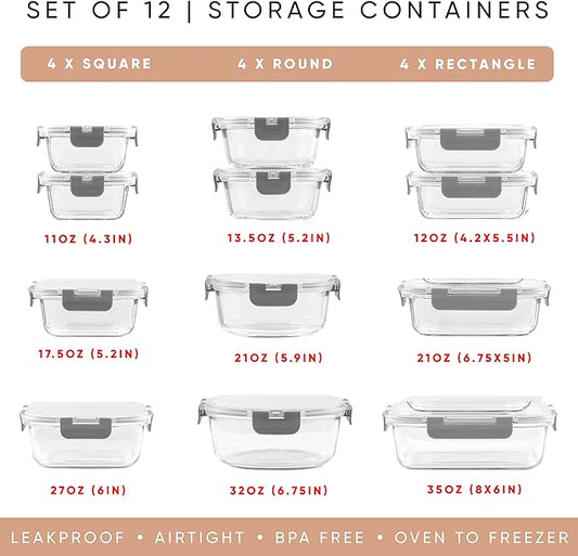 JoyJolt 24pc Borosilicate Glass Storage Containers with Lids | 12 Airtight/Freezer Safe Food Storage Containers for Pantry and Kitchen | Meal Prep Container for Lunch | Glass Tupperware Set