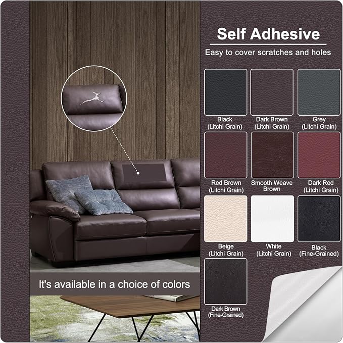 Self Adhesive Leather Repair Patch, Leather Patches for Furniture, Leather Repair Tape for Couch Sofa Car Seat Chair Furniture Repair, Leather Repair Kit (Dark Brown-Litchi Grain, 17X79 Inch)