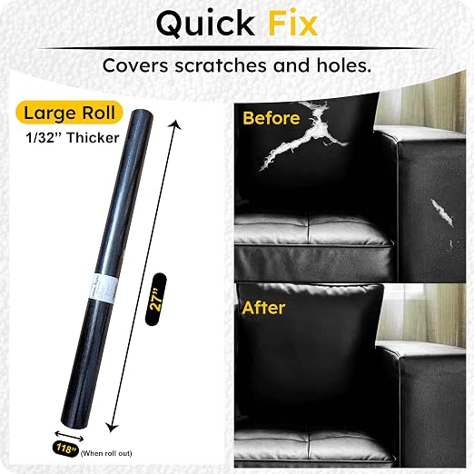 Black Leather Repair Tape Patch, Self Adhesive Vinyl Faux Material Roll 27 x 118 Inch, Cuttable Upholstery for Couch Sofa Car Seats Chairs Furniture