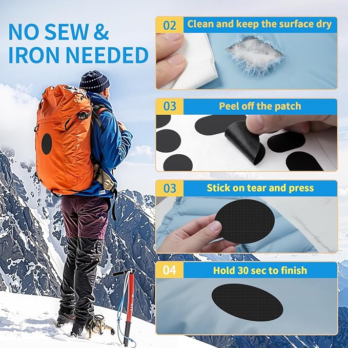 Waterproof Self-Adhesive Nylon Patches for Tent Repair Kit, 24pcs Outdoor Gear Tenacious Repair Tape, Fabric Patches for Clothes, Down Puffer Jacket, Tent, Sleeping Bag, Backpack, Black