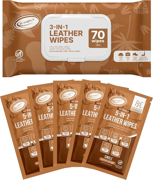 Air Jungles 3in1 Leather Wipes 70 Ct + 5 Single Pack, XL 8 x 10 in | Clean Condition Protect Wipes for Vinyl and Leather Apparel Furniture Auto Car Interior Shoes Boots Bags