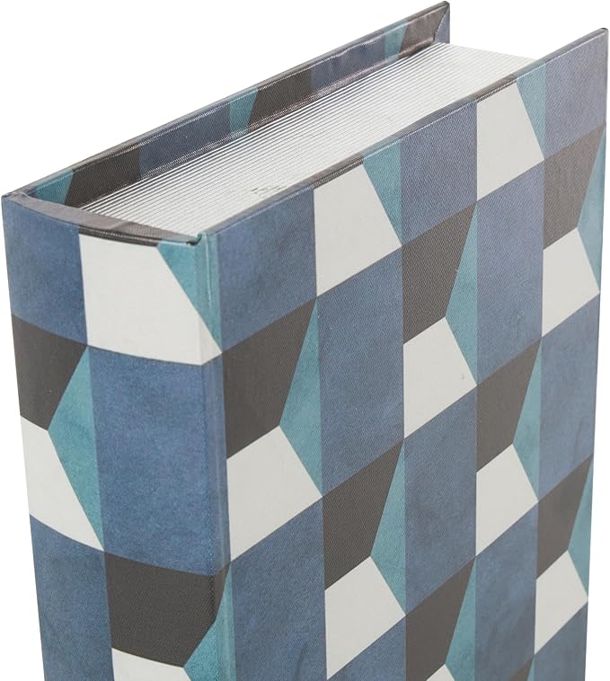Deco 79 Faux Leather Decorative Box Faux Book Storage Book Shaped Boxes with Black and White Geometric Patterns, Set of 3 Decorative Keepsake Boxes 13", 11", 9"H, Blue