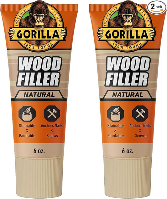 Gorilla All Purpose Wood Filler, Natural Color, 6 Ounce Tube (Pack of 2) - Water Resistant for Indoor or Outdoor Projects and Repairs