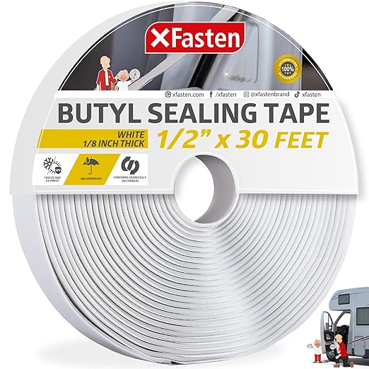 XFasten Butyl Tape White, 1/2 in x 30 ft x 1/8 in – Easy-to-Work-with Automotive Butyl Sealant Tape, Mess-Free Rubber Caulk for RV, EPDM Putty for Window, Headlight, Roof, Windshield, and Car Doors