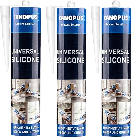 CANOPUS Universal Silicone, Clear, 3-Pack 10oz Each, Waterproof Kitchen & Bathroom Acetoxy Silicone Sealant, Suitable for Indoor and Outdoor Waterproofing and Bonding Applications, Shower Sealant