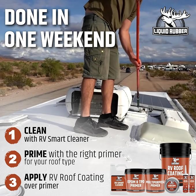 Liquid Rubber RV Roof Coating 30 Ft Leak Repair Kit – Solar Reflective, Waterproof & Weatherproof Protection – Complete System with Sealer, EPDM Primer, Cleaner, Seam Tape & Lap Sealant