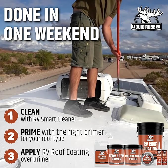 Liquid Rubber RV Roof Sealant- Professional-Grade Solar Reflective Flexible Waterproof Membrane Coating for EPDM, TPO, Fiberglass & Aluminum Camper & Travel Trailers- Brilliant White, 5 Gallon