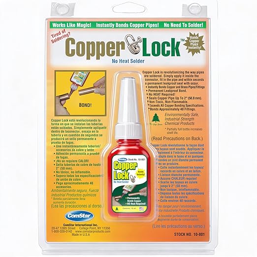 Copper Lock 10 ml, No Heat Liquid Solder for Copper, Brass & Yellow Metals, Instant Leak Proof Seal up to 500 PSI, -60°F to +300°F, Bonding Solution for Plumbing & HVAC (10-801)