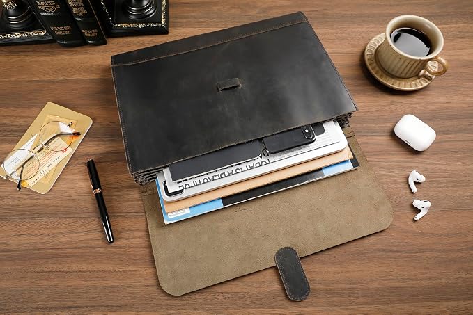 Genuine Leather File Folder, Accordian File Organizer, Leather Document Holder Resume Folio for Men & Women-Grey-Custom