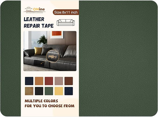 ONine Leather Repair Patch,Self-Adhesive Couch Patch，Multicolor Available Scratch Leather 8X11 Inch Peel and Stick for Sofas, Car Seats Hand Bags Jackets (Blackish Green-Litchi Grain)