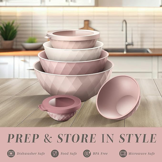 COOK WITH COLOR Mixing Bowls with Lids - 12 Piece Plastic Nesting Bowls Set includes 6 Prep Bowls and 6 Lids, Microwave Safe Mixing Bowl Set, Pink Diamond