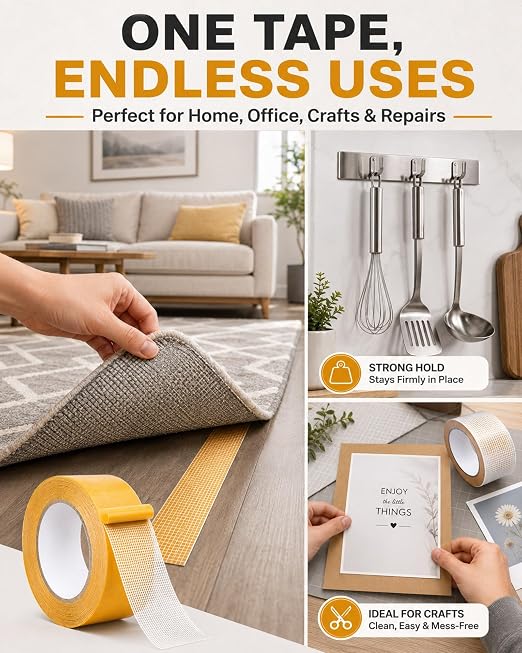 Grid Double-Sided Tape, Heavy Duty Waterproof Mesh Magic Tape Tear-Resistant Hight Adhesion Removable No Residue for Curtains, Carpets, Crafts and Home Repairs(5 meters-3pc,10 mm)