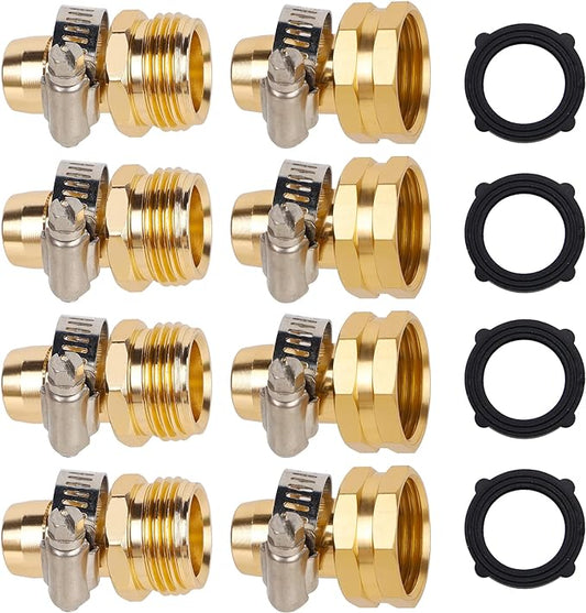 Biswing Garden Hose Repair Connector with Stainless Steel Clamps, 5/8" Barb x 3/4" GHT Thread Aluminum Water Hose Pipe Repair Kit, Female and Male Hose Connectors, 4 Pack