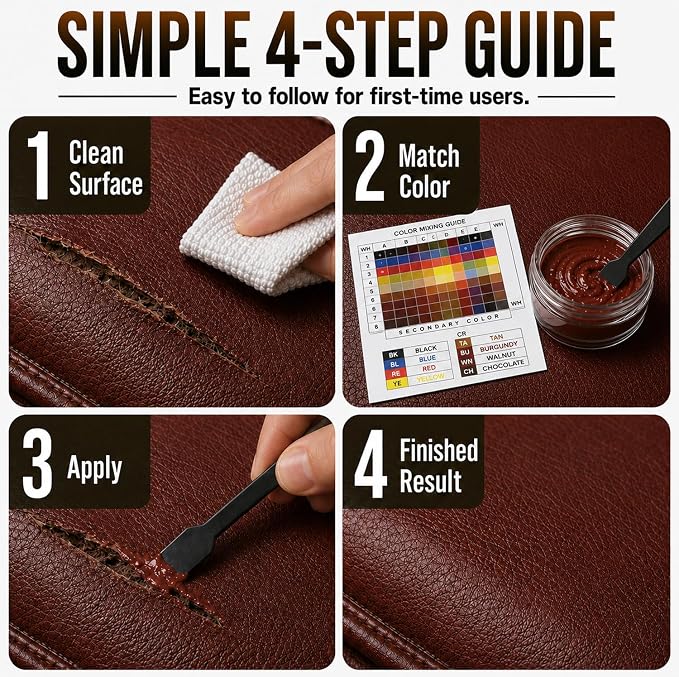 Leather & Vinyl Repair Kit for Car Seat & Interior, Furniture, Couch, Sofa | 10 Colors, No Skills Needed, for Scratch, Tear, Crack, Pet Damage, Hole on Faux Upholstery, Chair, Purse, Shoes, Jacket, RV
