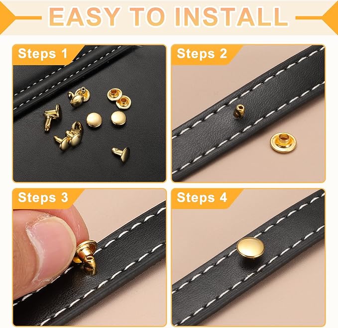 uxcell 120Set Leather Rivets, 10mm Double Cap Rivet Tubular Metal Studs Repairs Decoration Craft Accessories for Repair Decorate Leather Craft Belt Bag Shoes Purse Belts, Gold