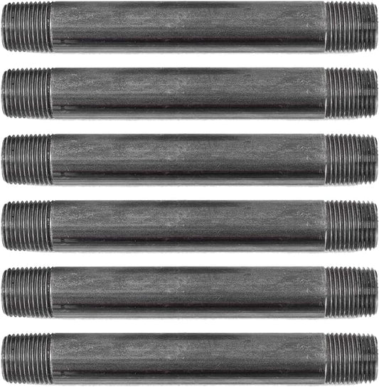 PIPE DÉCOR 1/2” x 6” Malleable Cast Iron Pipe Nipple, Pre Cut Connectors, Industrial Steel Grey Fits Standard Half Inch Black Threaded Pipes Nipples and Fittings, Build Vintage DIY Furniture, 6 Pack