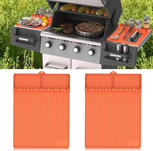Silicone Grill Mat Compatible with Blackstone, BBQ Griddle Tools Mat with Drip Pad, Large Spatula Holder for Outdoor Kitchen Counter, Gifts for Men (Orange)
