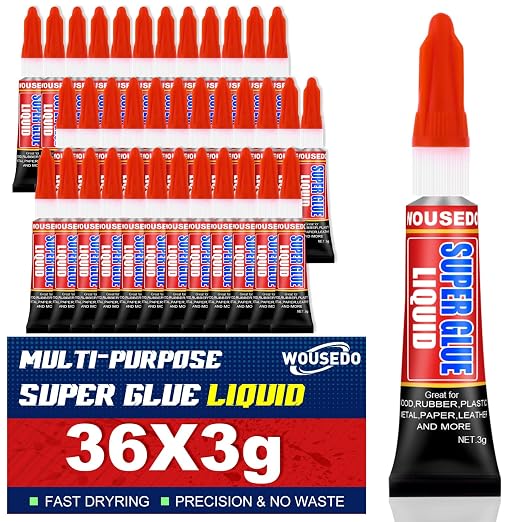 WOUSEDO 36 X 3g Super Glue Liquid, Clear Strong Adhesive,Fast Drying Cyanoacrylate Glue for Wood, Rubber, Leather, Hard Plastic, Metal, DIY Crafts and More