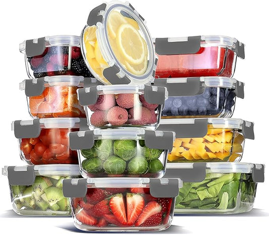 EATEX 24pc Glass Storage Containers with Lids, 12 Glass Food Storage Containers with 12 Airtight Lids for Pantry & Kitchen, Meal Prep Containers for Lunch, Oven Freezer Microwave & Dishwasher Safe