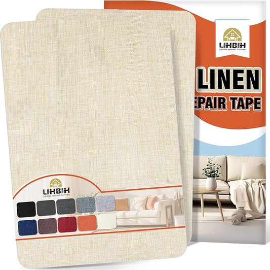 Linen Fabric Repair Tape 2 Pcs 8x12 Inch, Self Adhesive Couch Patch Repair Fabric Tape for Furniture, Linen Patch Kit for Couch, Carpet, Upholstery, Chair, Sofa, Cushion, Bag (Dark Beige)