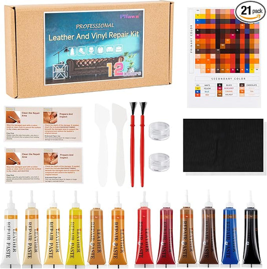 21Pcs Leather & Vinyl Repair Kit | Repairs Tears, Holes, Scratches & Peeling on Furniture, Car Seats & Jackets | Fast Application, Mixable Colors, All Leather Types