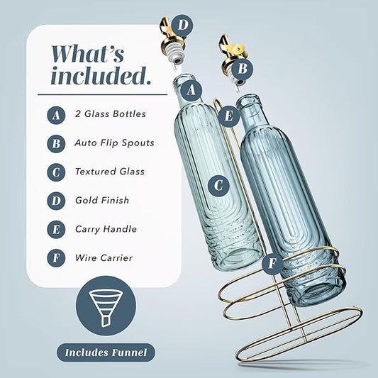 COOK WITH COLOR Glass Olive Oil Bottle Dispenser - 2 Pack- 17oz Oil and Vinegar Cruet - Olive Oil Carafe Decanter for Kitchen, Elegant Fluted, Blue