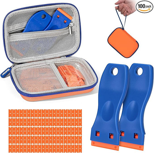 Plastic Razor Blade Scraper Kit with Hard Case – 2 Plastic Scraper & 100 Plastic Razor Blades for Glass, Wood, Car Window Sticker Removal Tool, Plastic Scrapers Non Scratch, Caulk Remover Tool