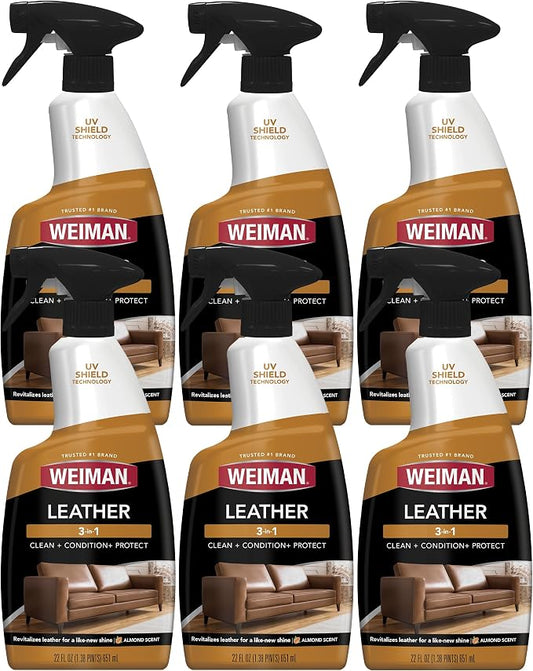 Weiman Leather Cleaner & Conditioner - Cleans, Restores & Protects Leather, UV Protection Prevent Cracking & Fading, For Car Seats, Sofas, Shoes, Bags & All Finished Leather Surfaces, 6 Pack, 22 FL Oz