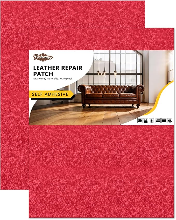 2 Pcs Red Leather Repair Tape, 8x12 Inch Leather Repair Patch Self-Adhesive, Waterproof Faux Leather Patch, Vinyl Repair Tape for Couch, Sofas, Furniture, Office Chair, Car Seats