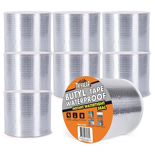 TAPEBEAR Butyl Tape Waterproof Sealant Tape 4inch x33feet, Aluminum Foil Duct Sealing Tape for RV Roof Repair, Boat and Pipe Sealing, Silicone, Glass & EDPM Roof Leak Patching, Silver, 8Rolls