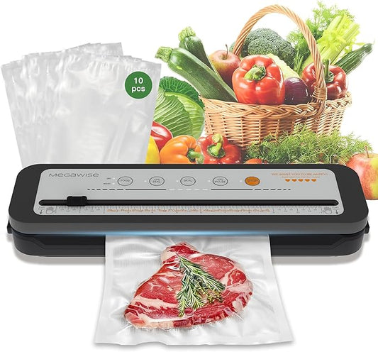 MEGAWISE 2025 Powerful Vacuum Sealer Machine | Compact Design | One-Touch Automatic | Seal in 10-20 Seconds | Dry, Moist, Wet, and Cold Modes | With 10 Vacuum Bags & Built-in Cutter