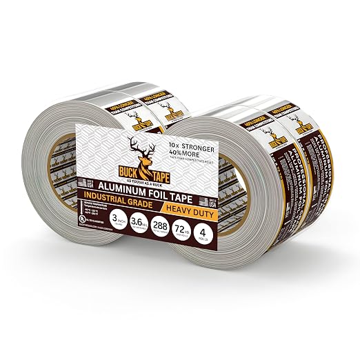 4 Pack Buck Aluminum Foil Tape – 3 Inch x 216ft (72 yd), 3.6 Mil – HVAC Tape for Ductwork, AC, Dryer Vents & Insulation – Silver Foil Tape for Metal Repair, Exhaust Sealing & Air Conditioning