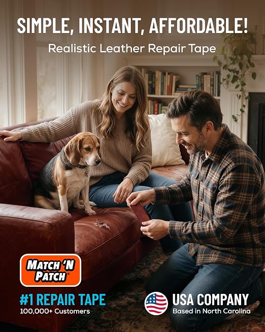 MATCH 'N PATCH Red Brown Leather Repair Tape, 2.25" x 15' for Furniture | Realistic Faux Leather Patches for Couch, Sofa, Upholstery, Car Seat & Other Furniture, Vinyl Repair Kit, Self Adhesive Patch