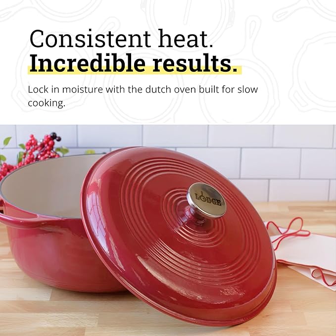 Lodge Essential Enamel Cast Iron Dutch Oven 6 Quarts - Perfect for Bread Baking, Braising, Marinating & Slow Cooking, Features Moisture-Sealing Lid & Dual Handles, Kitchen Essentials, Cranberry