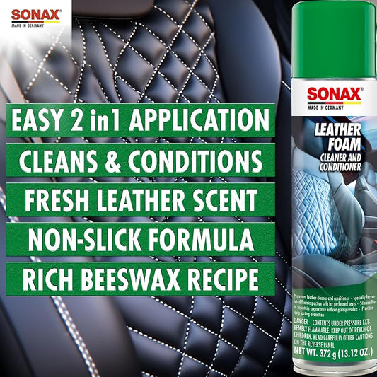 SONAX Leather Foam 289300 | 2 in 1 Aerosol Leather Cleaner and Conditioner | Safe to Use on Perforated Air Conditioned/Heated Seats | UV Protection Prevents UV Damage | 13.02 oz