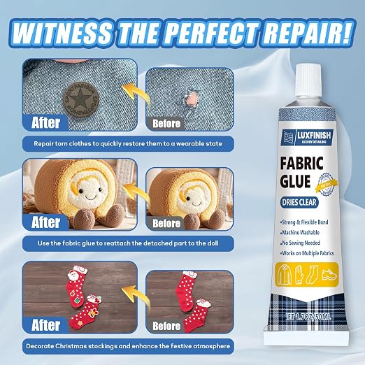 Permanent Fabric Glue for Patches on Clothes - Washable, Clear & Flexible Multi-Purpose Fabric Adhesive for Denim, Leather, Cotton, Polyester - Extra Strong Bond for Doll Repair & Crafts (50g/1.76oz)