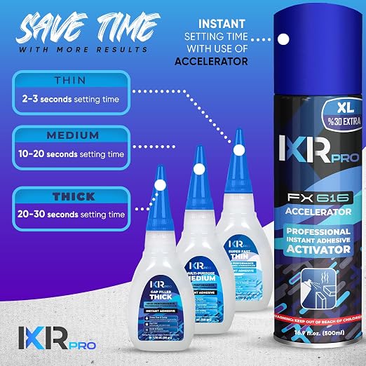 CA Glue with Activator Kit – 18 x 1.75 oz (Thin, Medium, Thick) + 6X 16.9 fl oz Accelerator Spray, Cyanoacrylate Super Glue for Woodworking, 3D Printing, Plastic, Guitar Repair & Hobby Projects