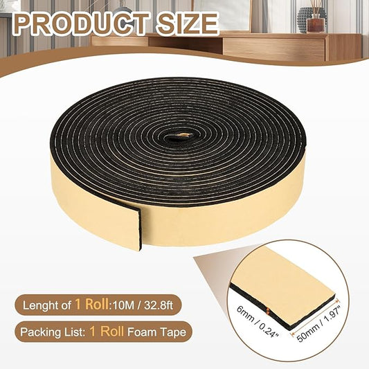 PATIKIL Foam Insulation Tape, 2" W x 1/4" t x 32.8FT Self Adhesive Weather Stripping Door Seal Strip for Door Window Air Conditioning, Black