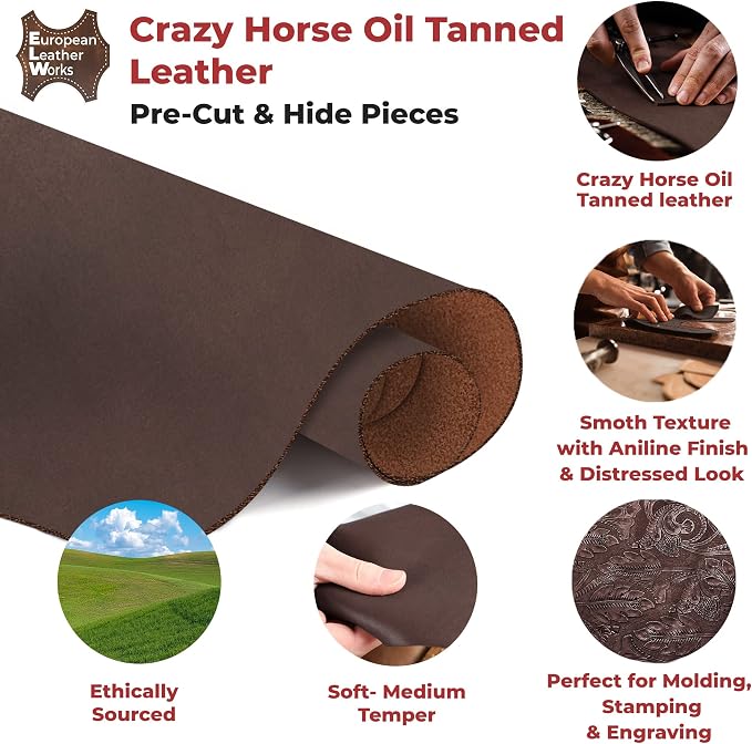 ELW Crazy Horse Leather 5-6 OZ (2-2.4mm) | Dark Brown | Pre-Cut 10"x24" | Full Grain Cowhide Handmade Leather for DIY, Crafts, Sheaths, Sewing, Workshop