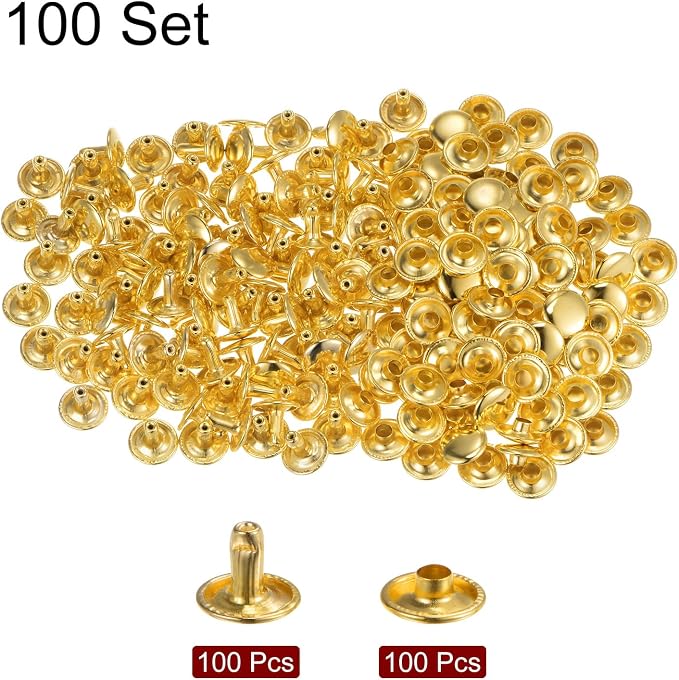 HARFINGTON 100 Sets Leather Rivets 8 x 10mm Metal Double Cap Rivet Snaps Studs Fasteners with 3pcs Setting Tools for Leather Craft DIY Repair Decoration, Gold Tone