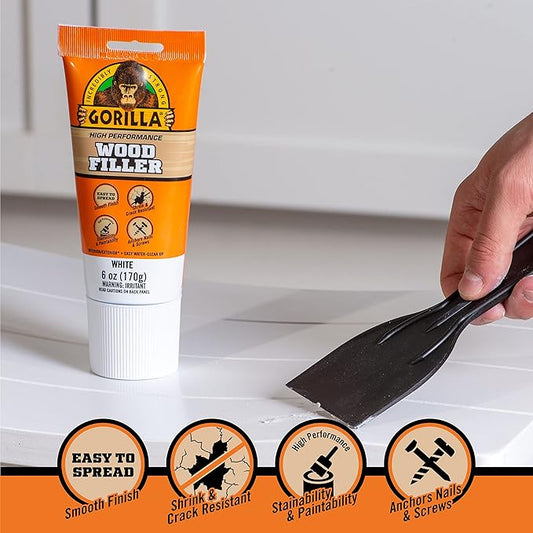 Gorilla All Purpose Wood Filler, White Wood Filler, 6 Ounce Tube (Pack of 2) - Water Resistant for Indoor or Outdoor Projects and Repairs