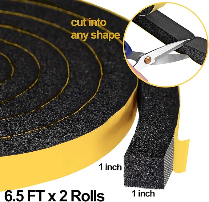 High Density Foam Tape Air Conditioner Window Seal, 1x1 Inch Thick Foam Stripe with Adhesive for Window AC Insulation, Weather Stripping for Doors and Windows Insulation, AC Foam Tape, Black