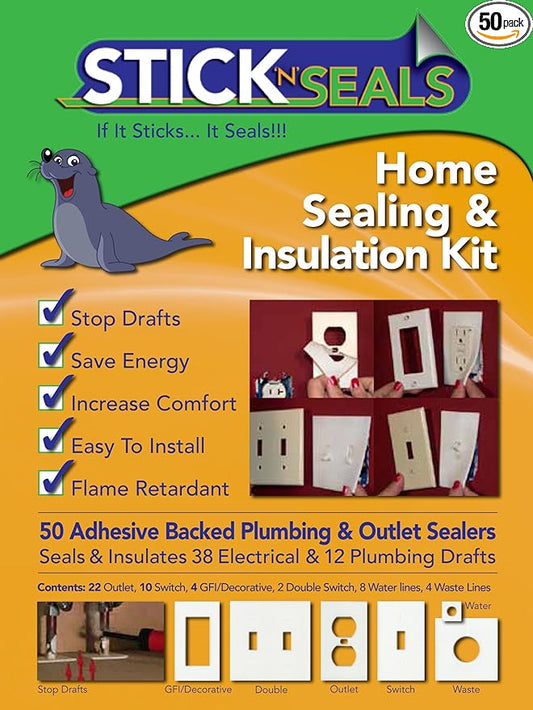 Stick 'N' Seal Adhesive Backed Plumbing and Outlet Draft Sealers. Home Sealing Kit. Save Energy and Money. Pack of 50