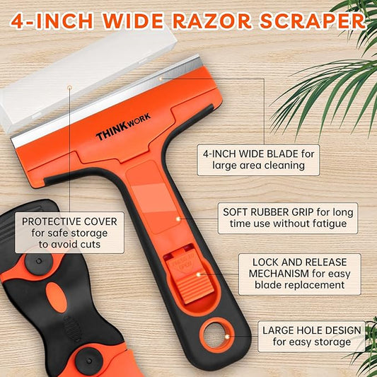 Razor Blade Scraper, 2 Pack Razor Scraper with 40Pcs Razor Blades, Multi-Purpose Cleaning Scraper Tool for Removing Decals, Tint, Stickers, Labels, Caulk, Adhesive from Window, Oven, Stove Top