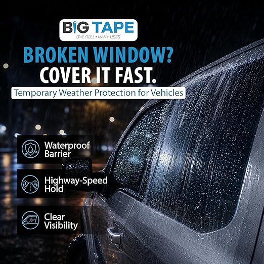 Big Tape Crash Wrap Window Tape – 2 Pack XL 12ft Rolls, 17.5” Wide Temporary Car Window Repair Film for Broken Glass – Waterproof Emergency Window Cover Plastic Film, No Residue, Easy DIY Install