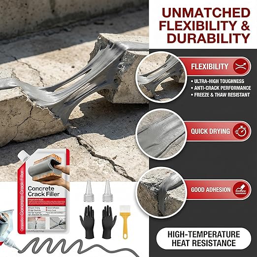 Concrete Crack Filler 4-Pack 4.4LB Grey, Self-Leveling High Elasticity Cement Sealant, Waterproof Repair Caulk for Driveway, Patio, Sidewalk, Garage, Basement– Professional-Grade Durability