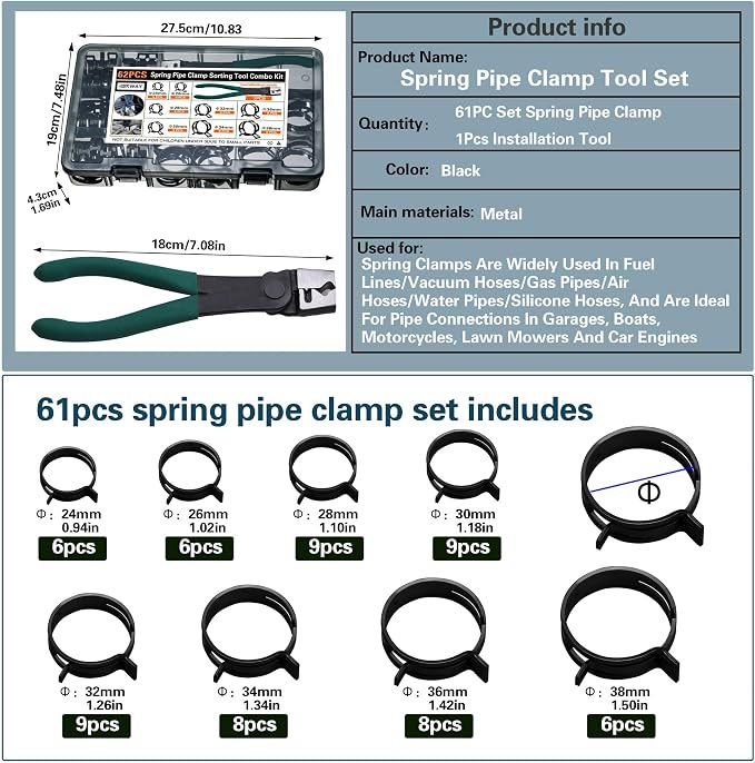 Automotive spring hose clamps 24-38 mm, 62 pcs fuel coolant pipe clamp tools in 8 sizes, used to fix hose interfaces in automotive, marine, gardening, and industrial applications