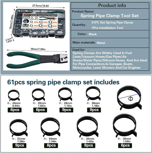 Automotive spring hose clamps 24-38 mm, 62 pcs fuel coolant pipe clamp tools in 8 sizes, used to fix hose interfaces in automotive, marine, gardening, and industrial applications